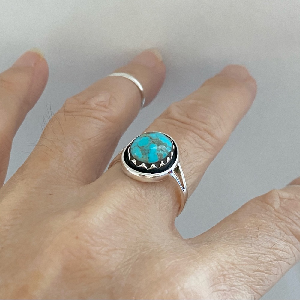 Sterling Silver Round Genuine Turquoise Ring, Stone Ring, Silver Ring, Boho Ring - Picture 10 of 13